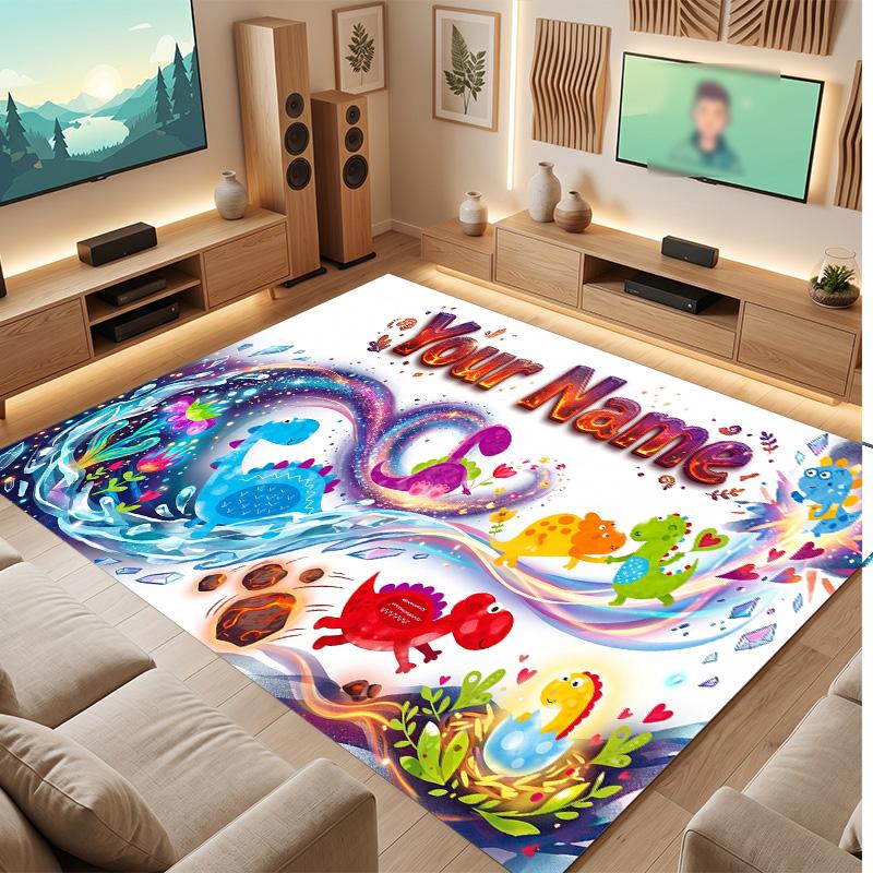 Dinosaur Theme Soft Crystal Velvet Rug Custom Name & Text Print Non Slip Floor Rug for Bedroom Living Room