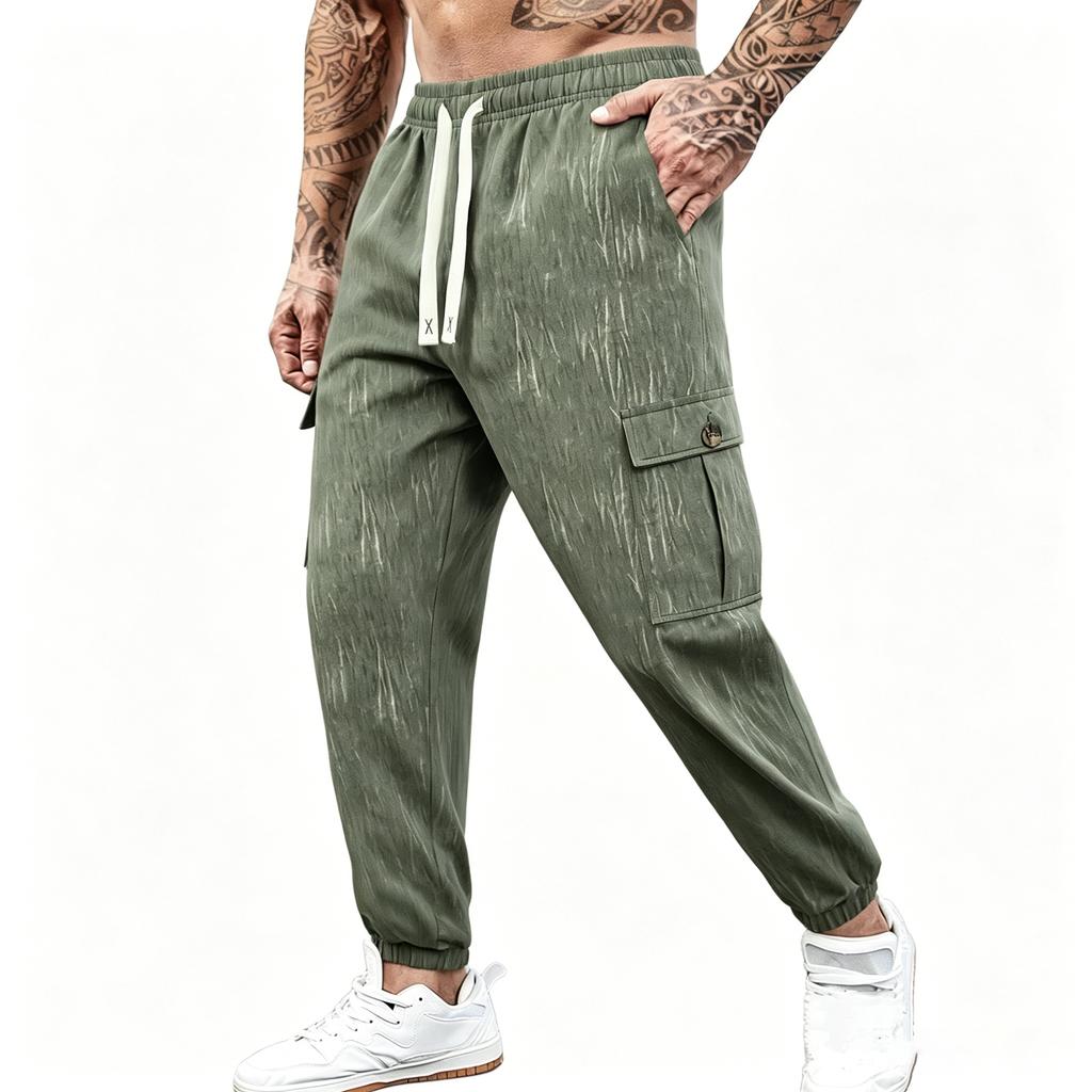 Men's Casual Loose Fit Outdoor Multi Pocket Cargo Pants Elastic Waistband Drawstring Adjustable Leg Opening Durable Fabric
