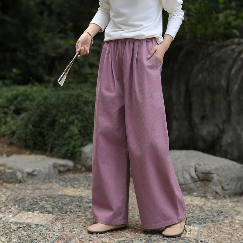 

Johnature Женские винтажные прямые брюки, однотонные, с эластичной резинкой на талии, осенние брюки с карманами, свободные повседневные брюки One Size фиолетовый