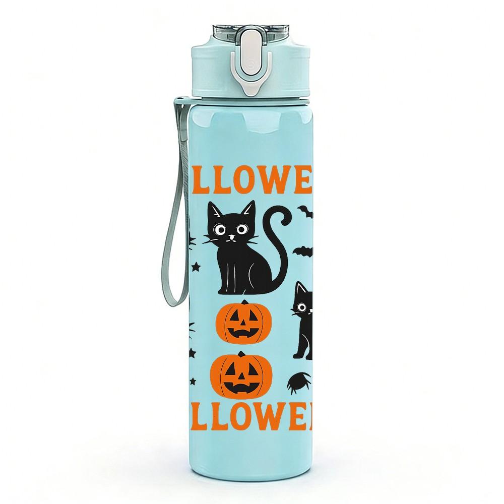 1PC Halloween Black Cat Pumpkin Art 750ml Color Plastic Sports Water Bottle Leakproof Flip Straw Lid Suitable for Sports Office Home Use