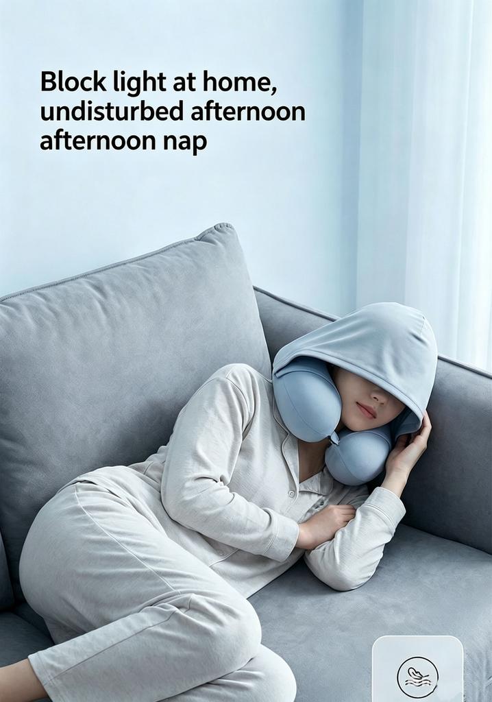 Summer Ice Silk Hooded U-shaped Neck Pillow Portable Neck Support Pillow Travel Car Plane Office Napping Sleep Rest Cushion