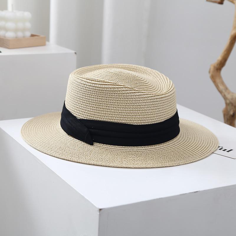 Spring and Summer Beach Flat Top Hat Women's Straw Knitted French Wide Brimmed Jazz British Sun Hats