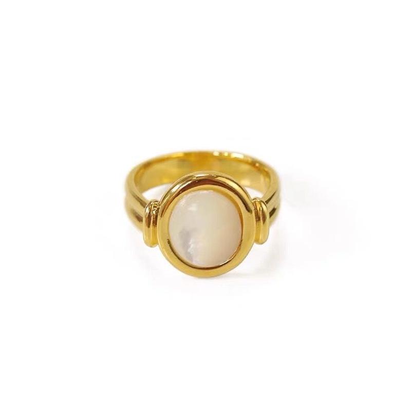 INS Style Oval Roman Arc White Shell Mother-of-Pearl Ring - 18K Gold-Plated Retro Titanium Steel