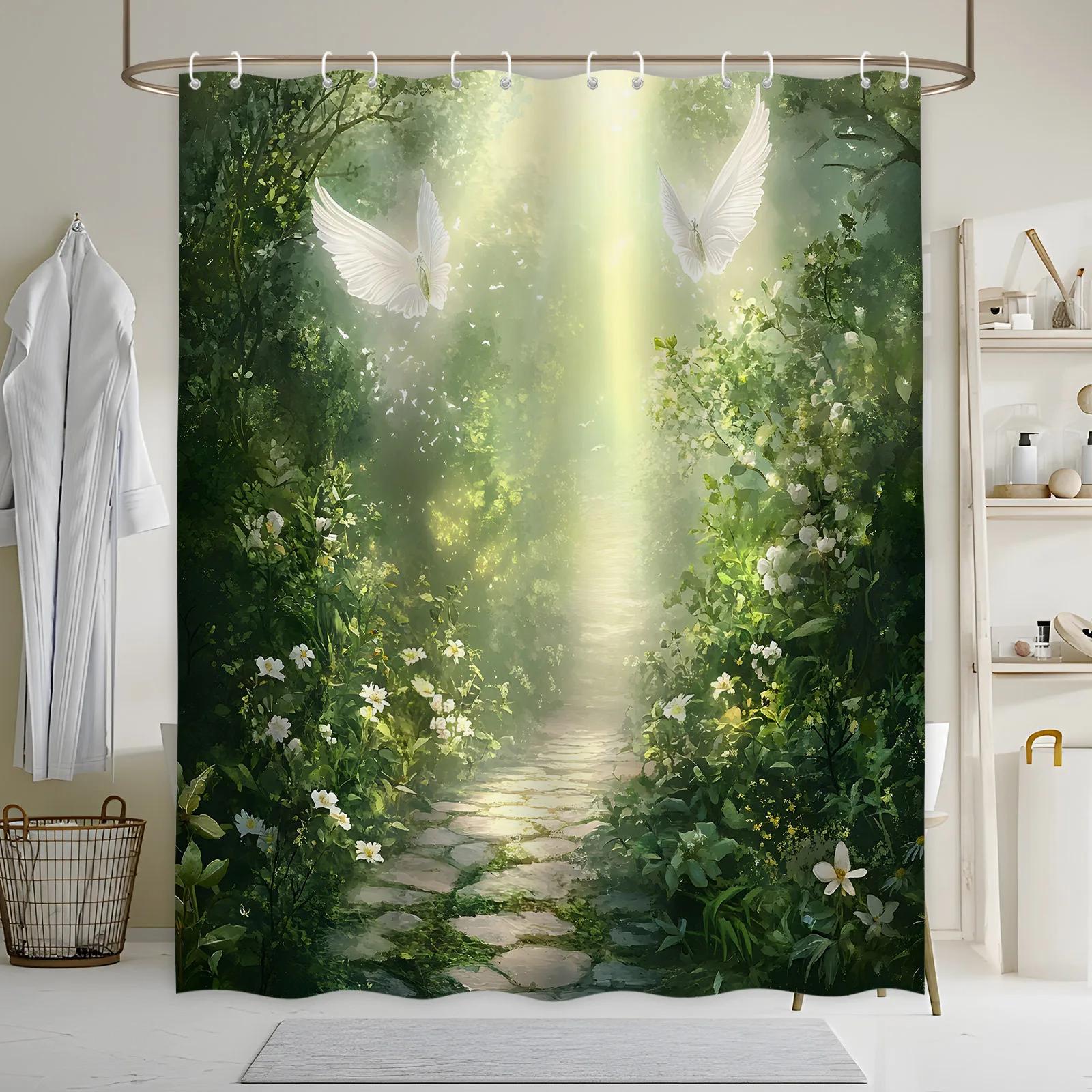 

Sunlit Garden Path Bath Curtain - Ethereal Birds, Stone Path, Vibrant Flowers, Machine Washable Polyester, Serene Bath Decor W60H190(CM)-1 Pcs