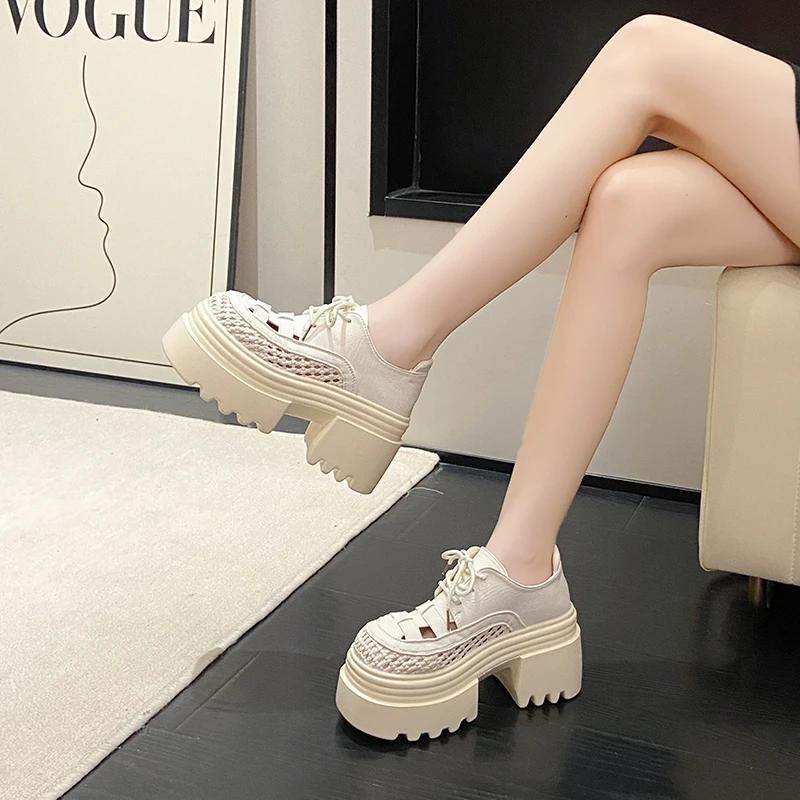 Fashion 9CM New Summer Women's Hollow Sneakers Leather High Heels Platform Lace-up Casual Shoes Thick Sole Walking Shoes Zapatos Mujer