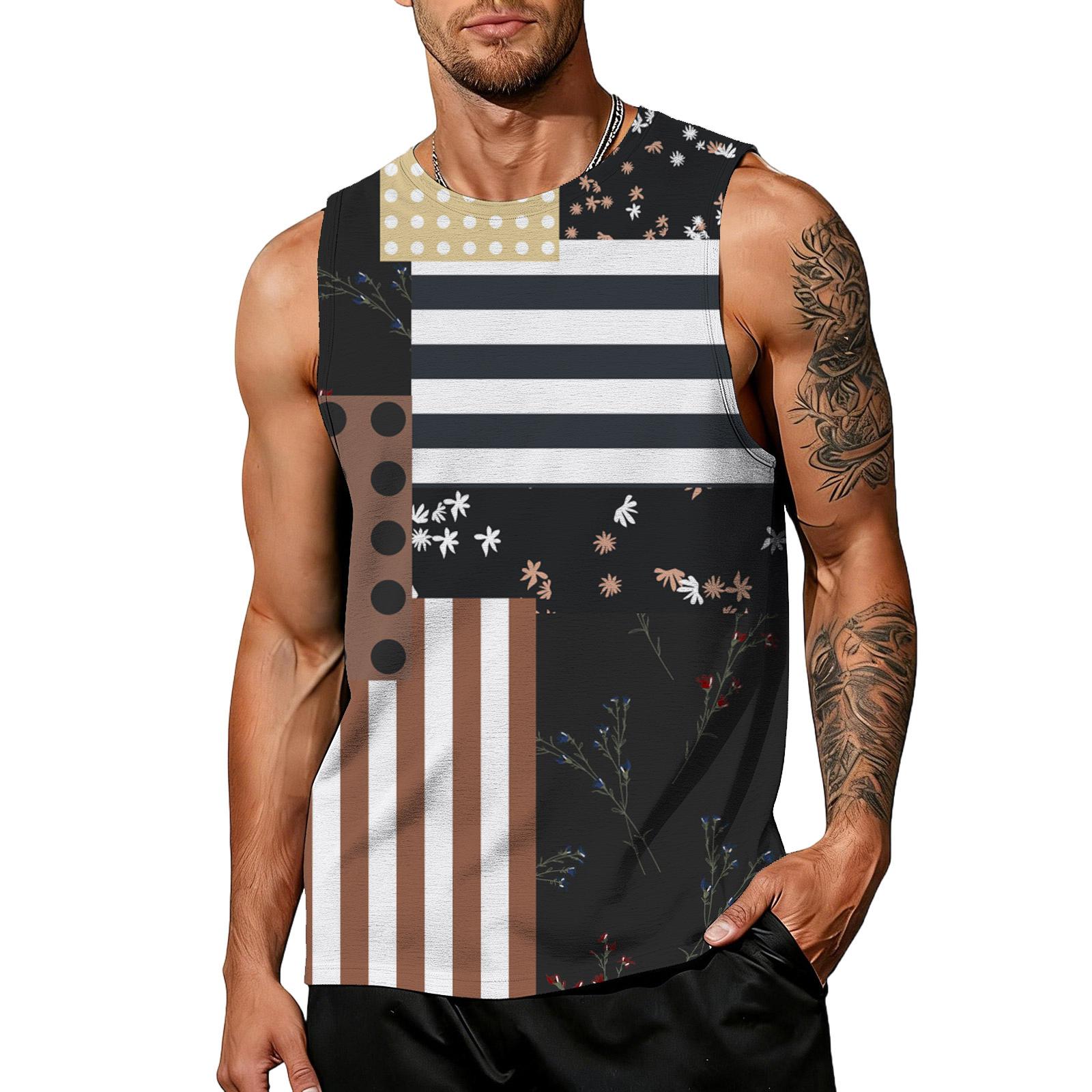 

Men Sleeveless Patchwork Print Tank Top Crew Neck Relaxed Fit Casual Tank for Everyday Wear Patterned Design L чёрный