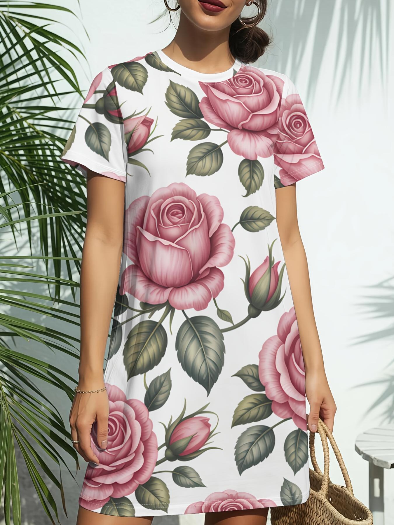 

Soft Pink Roses Women S New Round Neck Short Sleeve Dress. American Fashion Trendy Digital Print for Spring And Summer Casual Wear. Elegant And Chic W XS дубильная кора