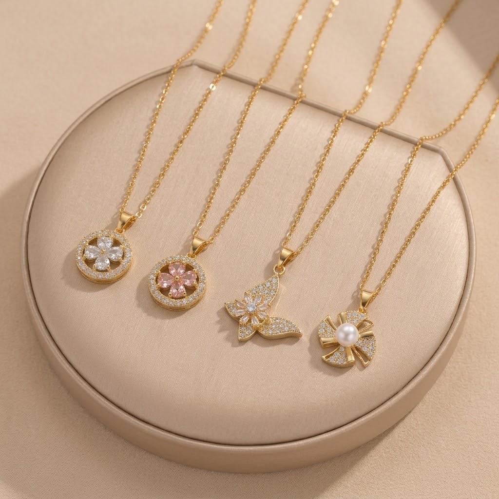Korean Titanium Steel Necklace with Rotatable Windmill Pendant & Zirconia Pearl Clavicle Chain for Women