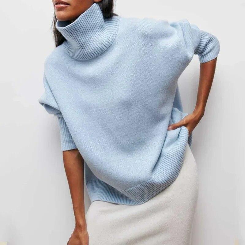 

2023 Fashion Turtleneck Knitted Sweater Pullover Winter Long Sleeve Women Loose Knitwears Tops Vintage Warm Elegant Jumper 29023