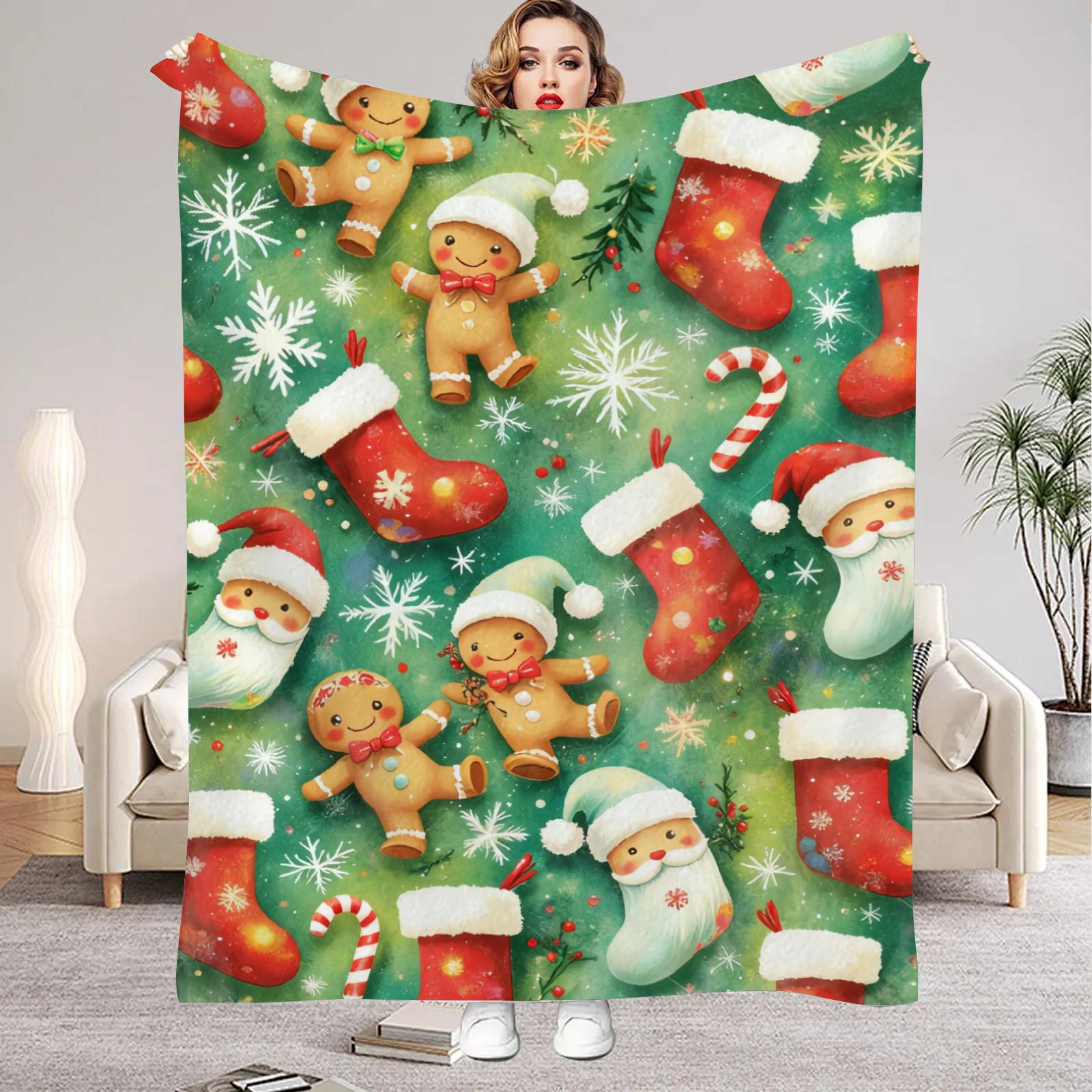 

Green Blanket Christmas Stocking Gingerbread Man Soft Flannel Blanket for Home Living Room Bedroom Decor New Year Christmas Gift 30x40in