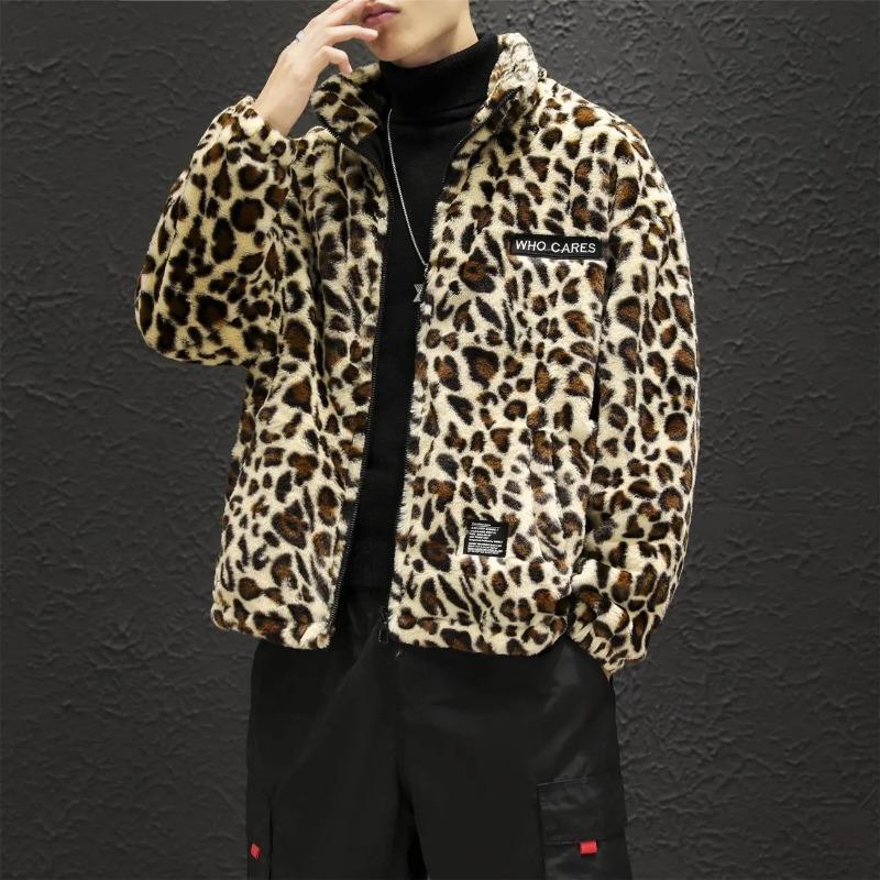 Men's Leopard Print Fleece Jacket Stand Collar Zip-Up Warm Streetwear Coat