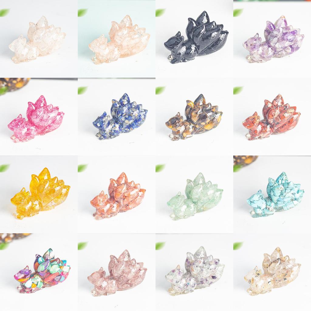 Ninetails Fox Crystal Resin Sculpture With Natural Gemstones For House Office Tabletop Ornament