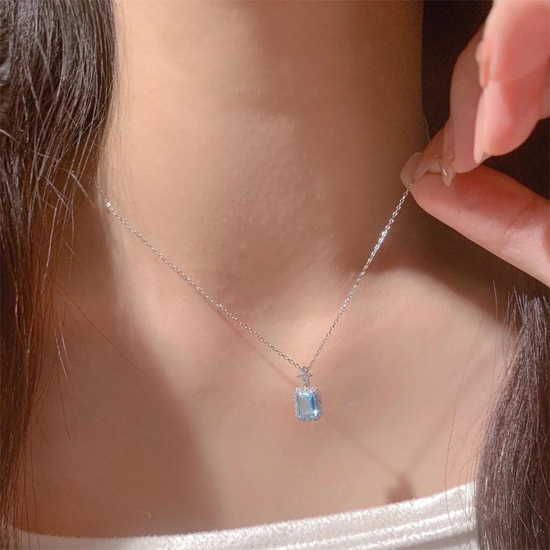 Vintage Sea Blue Zircon Square Pendant Necklace For Women Girls Delicate Clavicle Charm Chain Necklace Party Jewelry Accessories