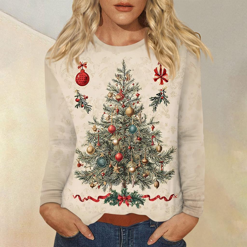 Women's Fashion Casual Christmas Printed Round Neck Long Sleeve Pullover Top