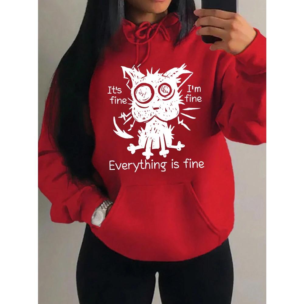 Everything Is Fine Funny Dog Printing Women Hoodies Fleece Hoody Autumn Loose Hoodie Pocket Comfortable Woman