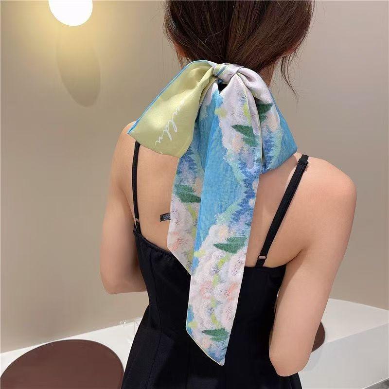 French Retro Silk Scarf: Oil Painting Extra Long Double-Sided Neckerchief and Hairband Ribbon Accessory.