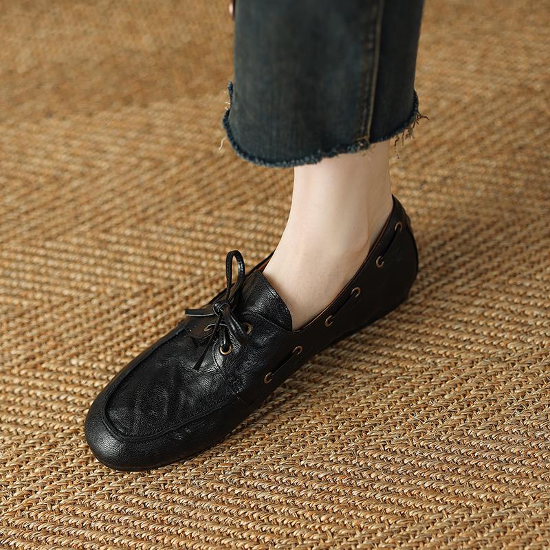 Fashion 2025 Spring Summer New Women Lace-up Flat Shoes Loafers Slip on Genuine Leather Casual Daily Work Shoes Comfort Office Pumps