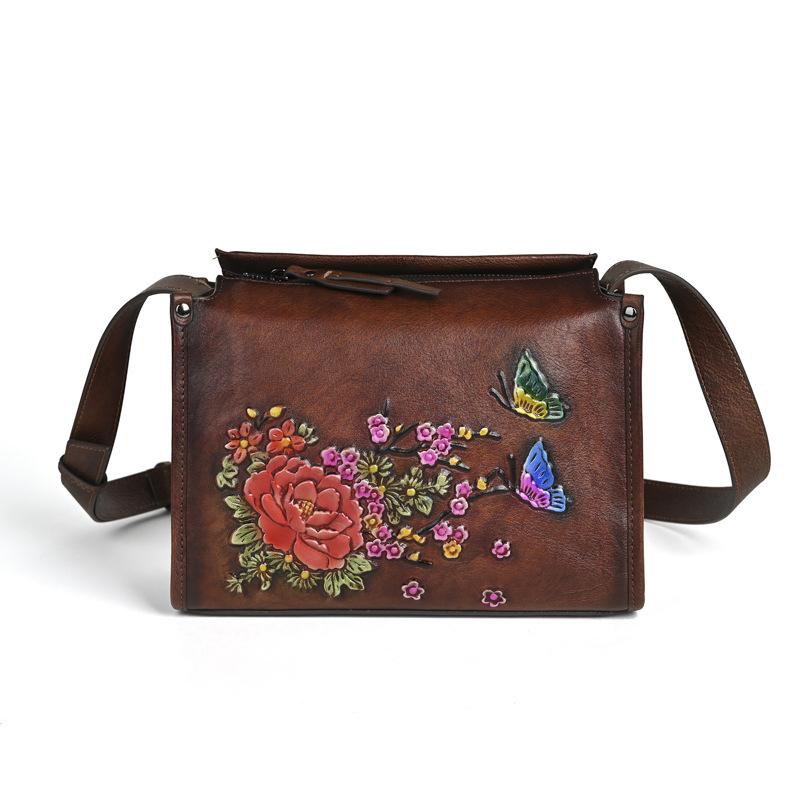 

Johnature Women s Shoulder Bags Handmade Embossed Genuine Leather Bag Retro Floral Crossbody Bags кофейный