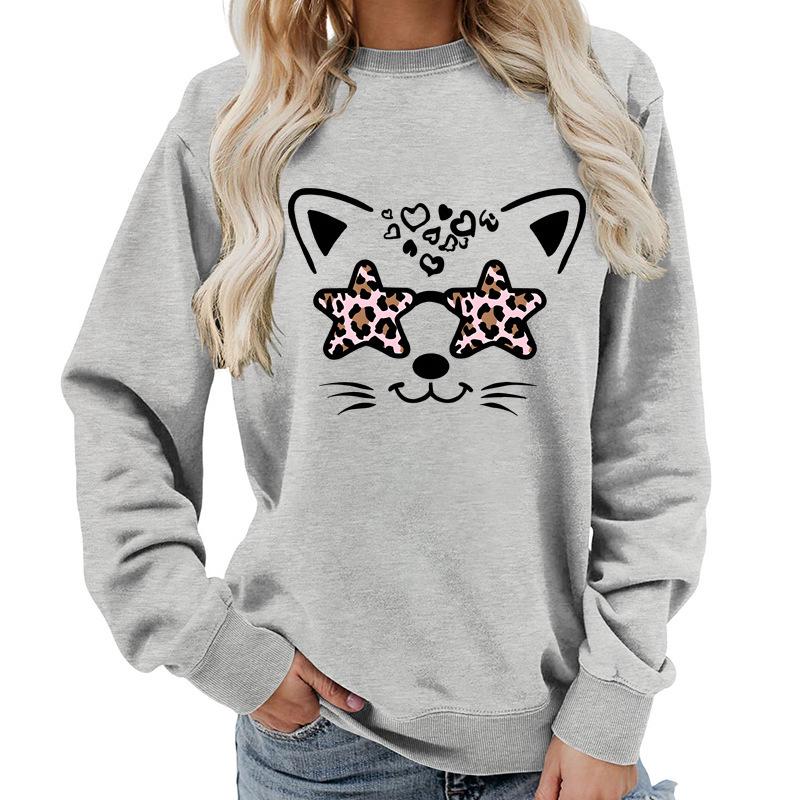 Leopard Print Round Neck Women's Hoodie - Autumn/Winter Casual Loose Fit, European Size