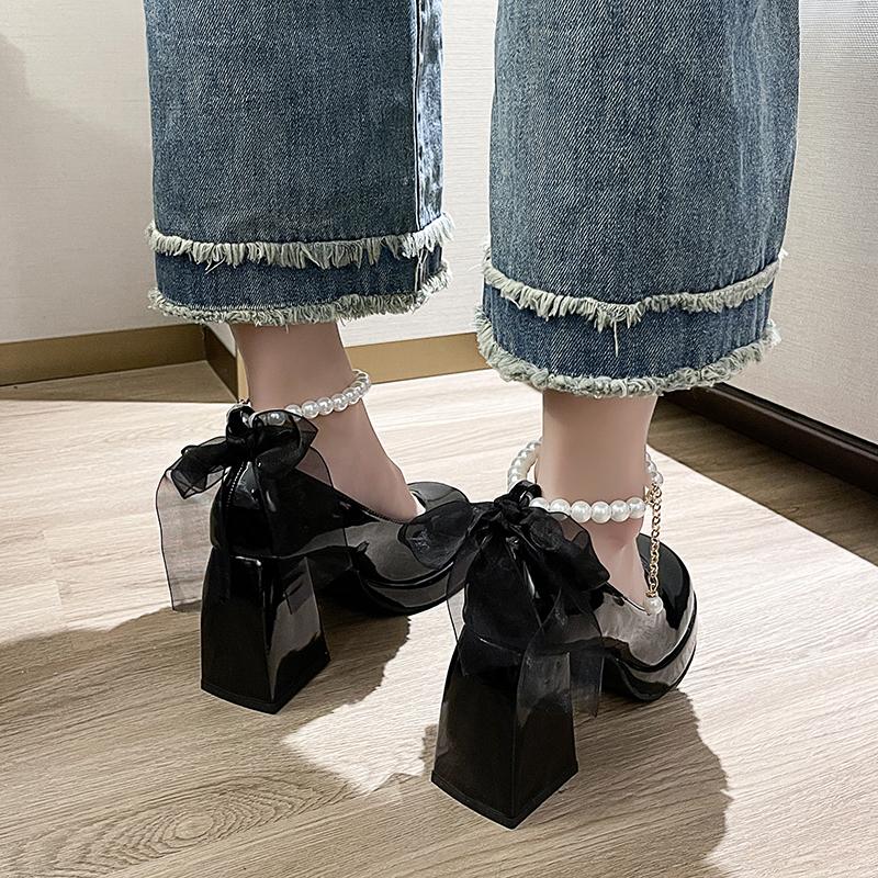 Women's new autumn chunky single shoes round head shallow mouth butterfly knot beaded platform high heels