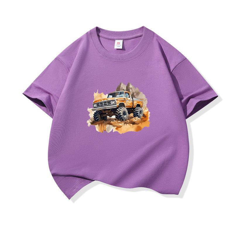 Kids Cotton T Shirt Retro Watercolor Offroad Car Print Crew Neck Short Sleeve Tee Casual Breathable Boys Girls Summer Tops