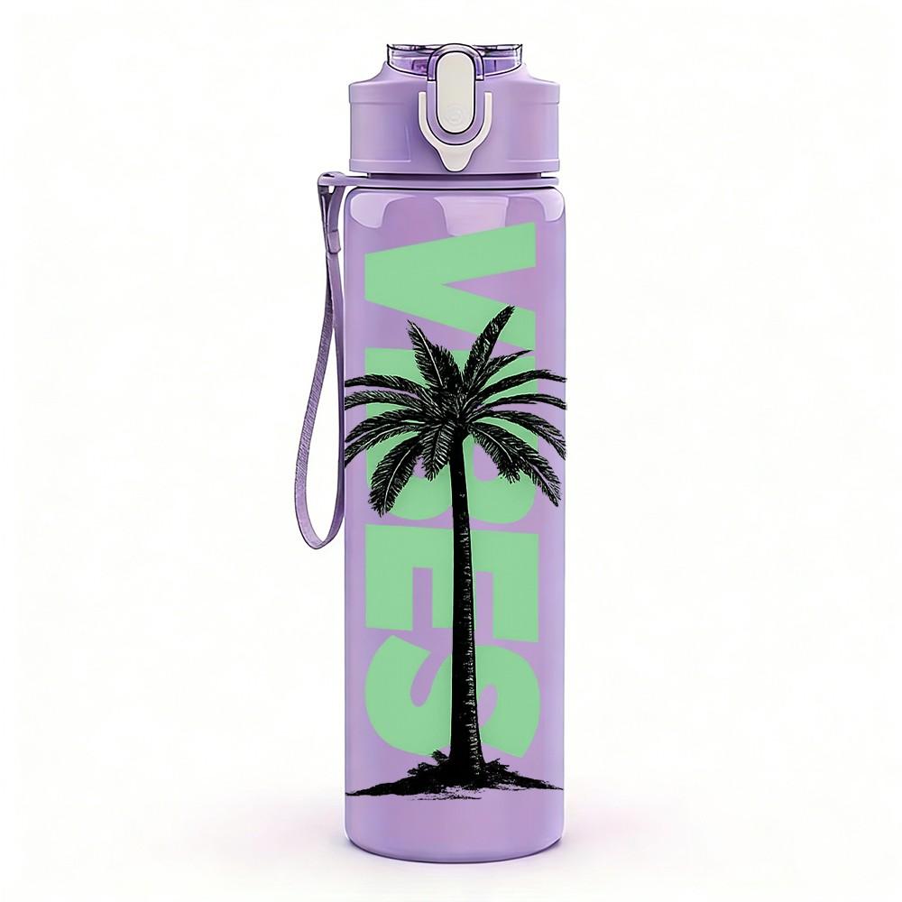 1PC Vibe Palm Tree Simple Line Print 750ml Color Plastic Sports Water Bottle Leakproof Flip Straw Lid Suitable for Sports Office Home Use