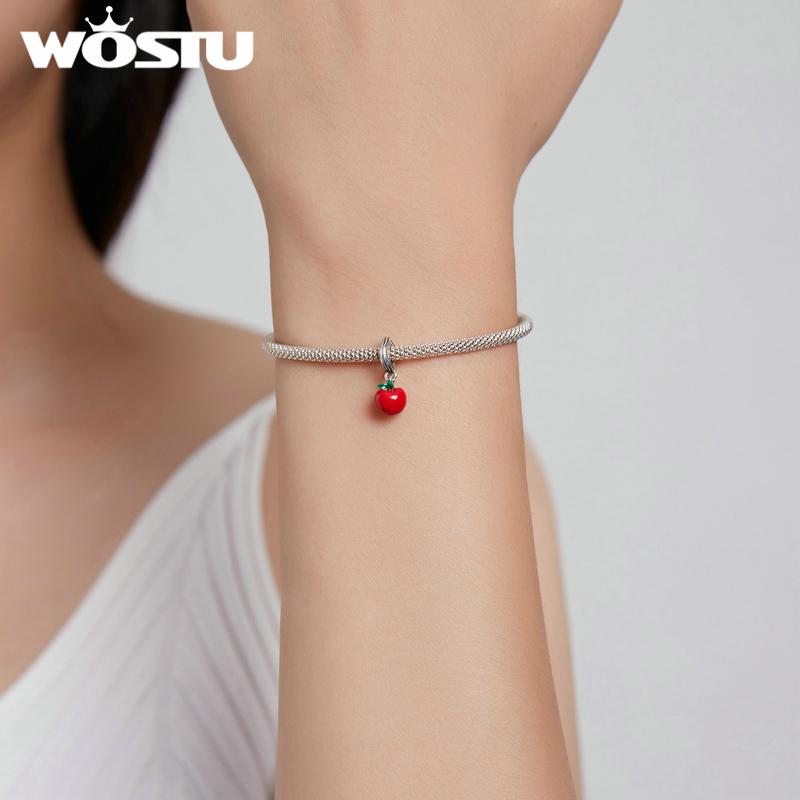 WOSTU Hypoallergenic Red Apples & Green Leaves 925 Sterling Silver Charm Pendant Beads Fit Original Bracelet Pendant Fine Jewelry
