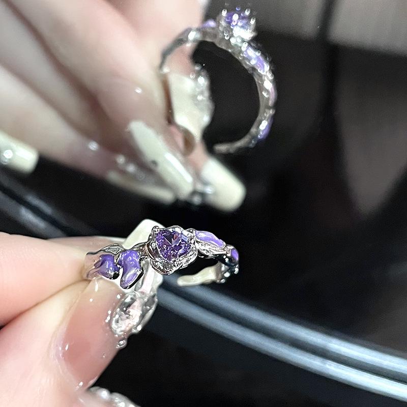 Niche Design Sense Cold Wind Personality Purple Rose Ring Opening Diamond Zircon High Sense Ring Woman