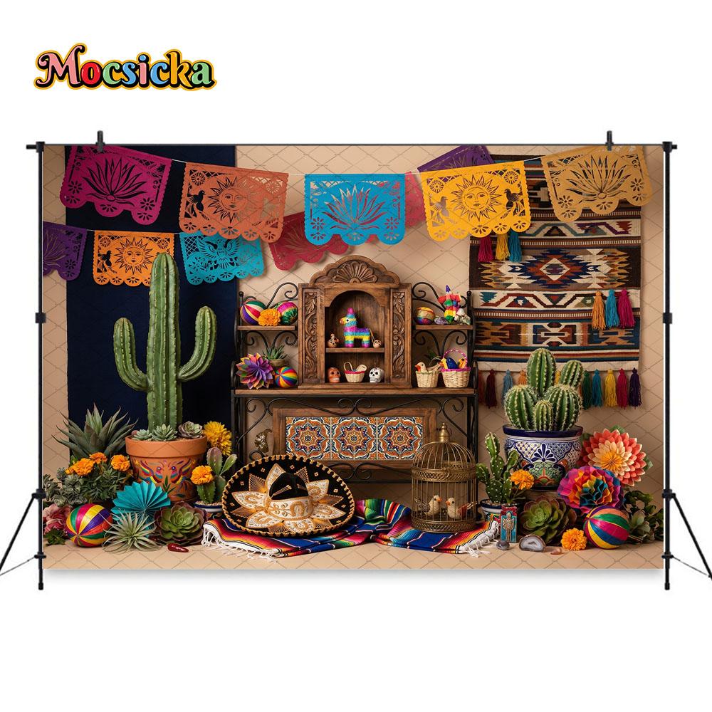 Mocsicka Sfondo Fiesta Messicana Fotografia Cactus Pignatta Papel Picado Sfondo Festa Taco Shooting Compleanno Bambini Studio