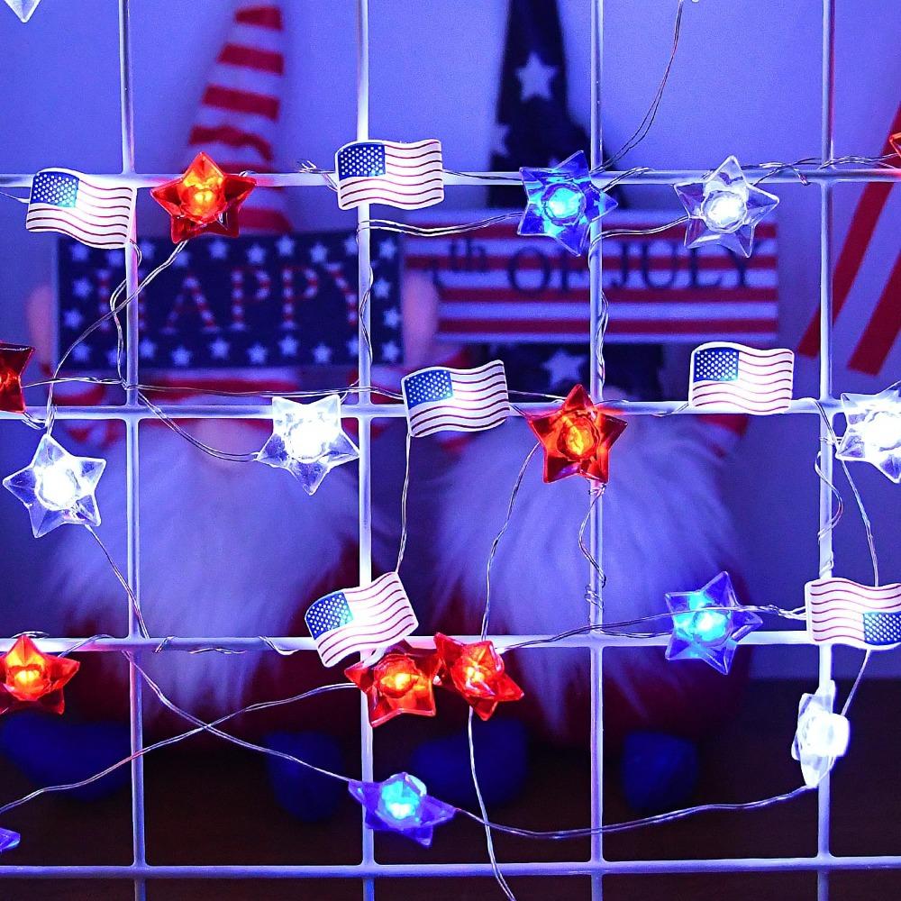 30 LED Patriotic String Lights Red White Blue Star Flag Fairy Lights Battery Operated 8 Modes Remote Timer for 4th July Memorial Day Decor