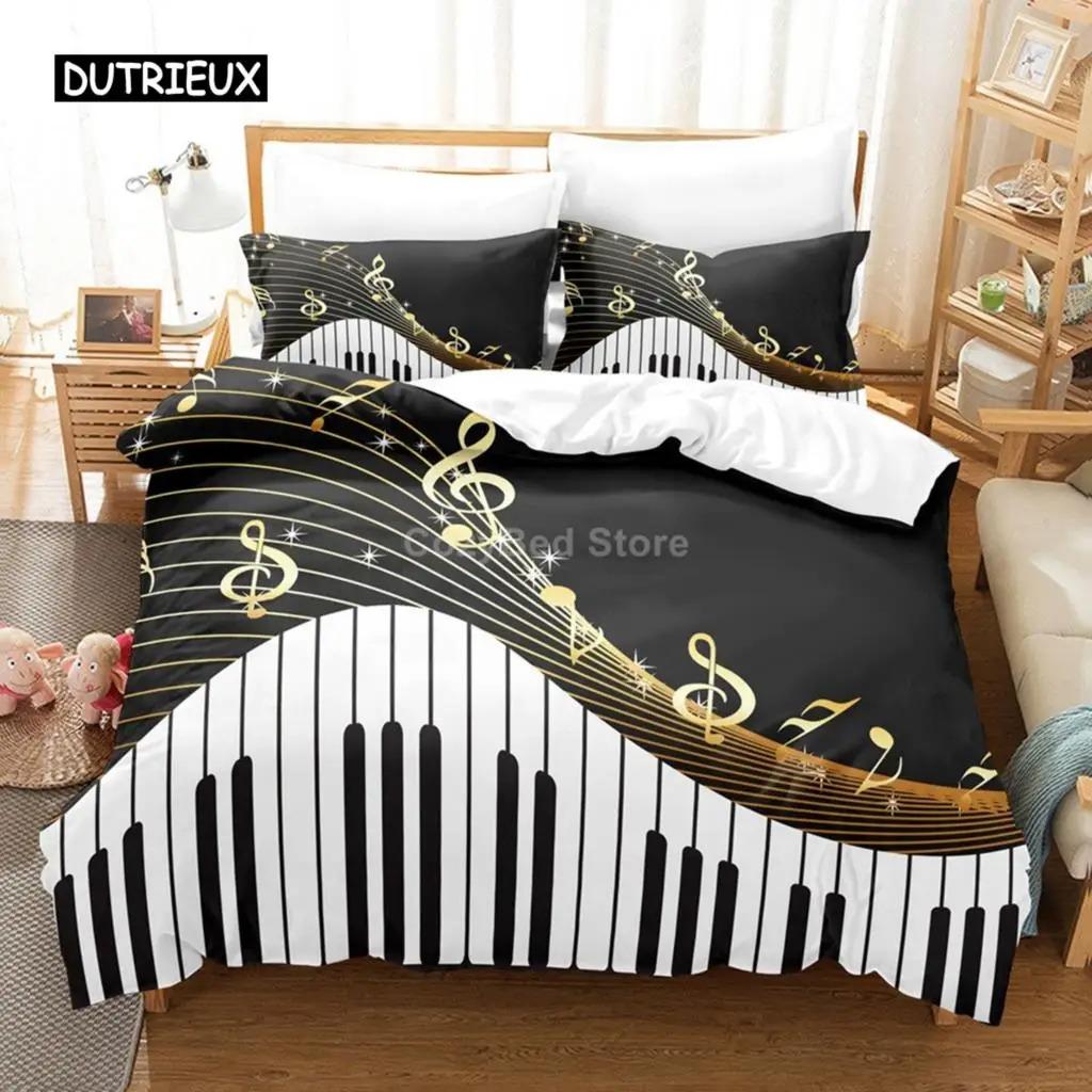 Muzyka Czarny Biały Zestawy Poszewek na Kołdrę Kołdra Łóżko Queen King Rozmiar Instrument Muzyczny Fortepian Zestaw Pościeli Nastolatek Dorosły Dekoracja Sypialni