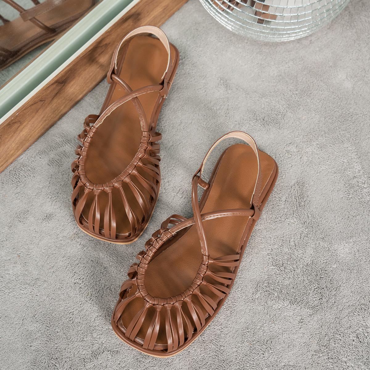 

Fashion Leather Straw Sandals Woman Fashion Outdoor Narrow Band Woven Roma Shoes Ladies Summer Brand Design Hollow Out Beach Zapatos 35