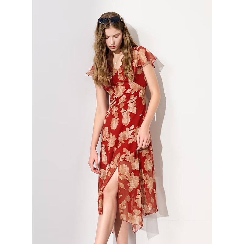 

French Style Floral Chiffon V-neck A-Line Maxi Dress M (160/84A)