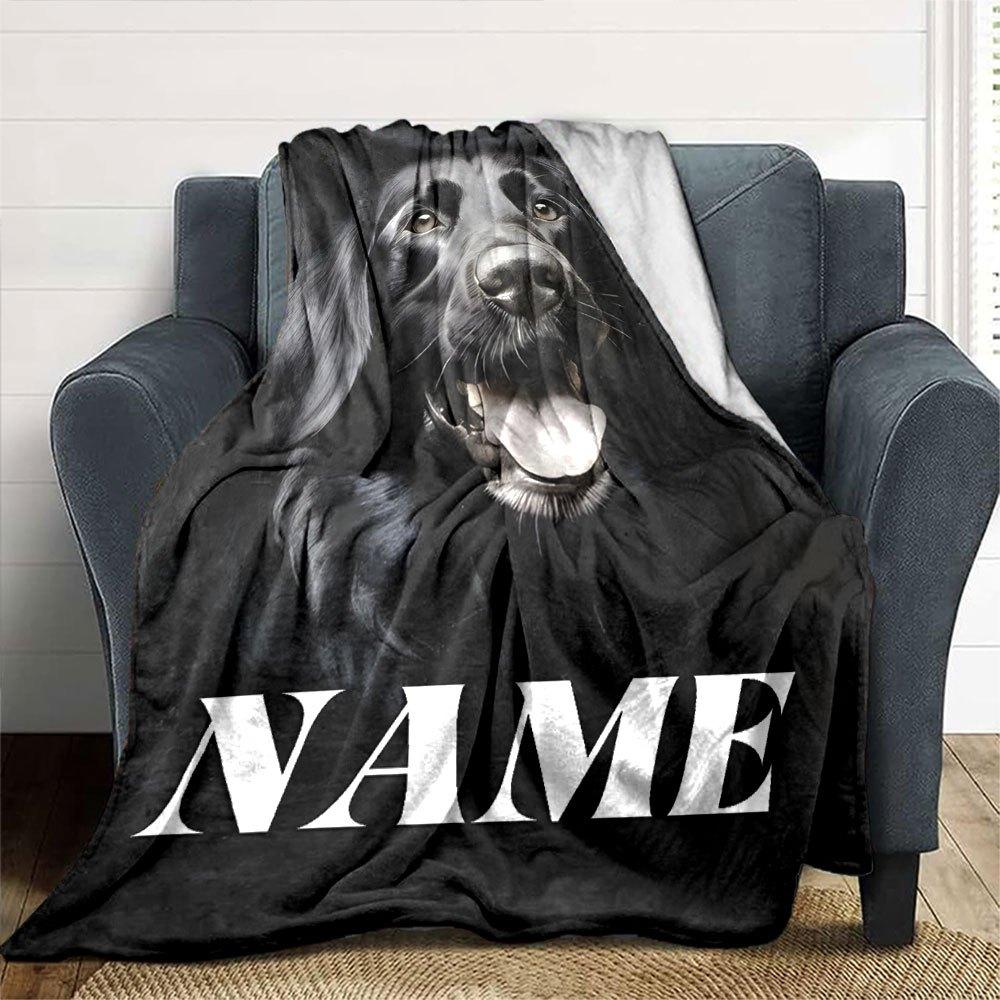 Black Dog With Open Mouth And Tongue Out On A Dark Background With The Word Below Cozy Personalized Blanket Customize Your Name Warmthful Decor