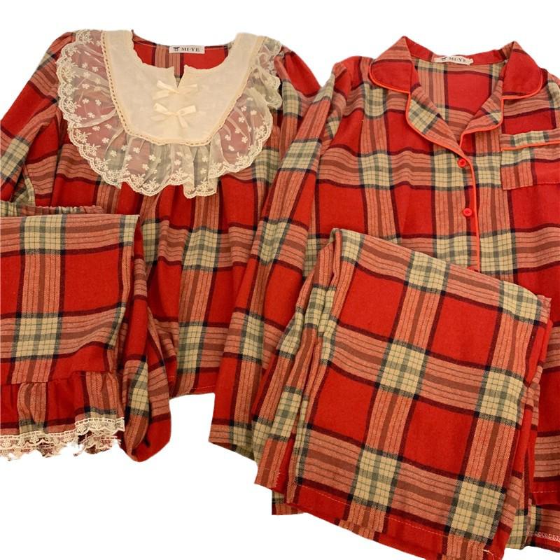 Korejské párové červené kostkované krajkové pyžamo s dlouhým rukávem