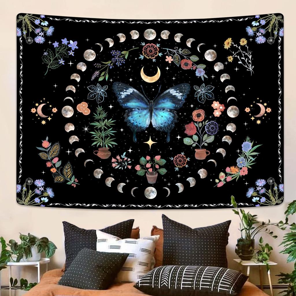 Orange Butterfly Moon Flower Tapestry Boho Floral Plant Tapestries For Bedroom Aesthetic Tapastry'S Wall Hanging Mandala