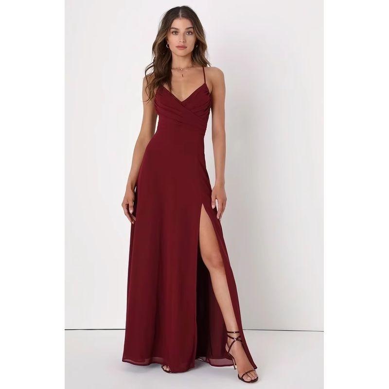 

Export Single Cross-Border Lu Home Split Long Leg Dress Sling Ruched Chest-Flattering Dress plus Plus Size Wine Red XS