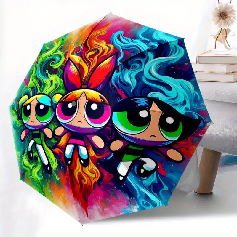 1pc Powerpuff Girls Automatic Opening Folding Umbrella - 8 Bone Iron Frame, Portable Design, Outdoor, Ideal Gift for Fans, Travelers, Daily Use.K