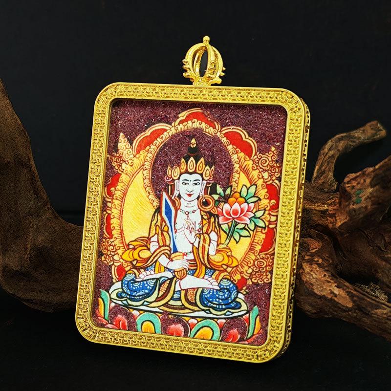 Zodiac Cinnabar Thangka Pendant - Eight Guardian Deities Amulet Box (Samantabhadra & Manjushri)
