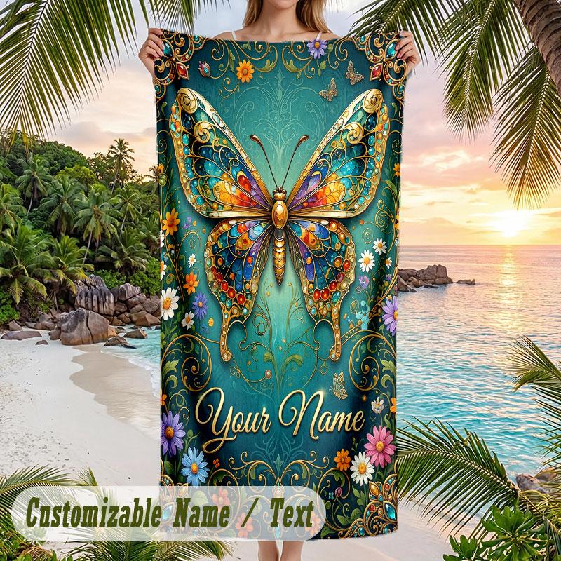 Butterfly Garden Fantasy 7 Theme Quick Dry Beach Towel Custom Name Text Print Large Sand Resistant Towel Beach Vacation