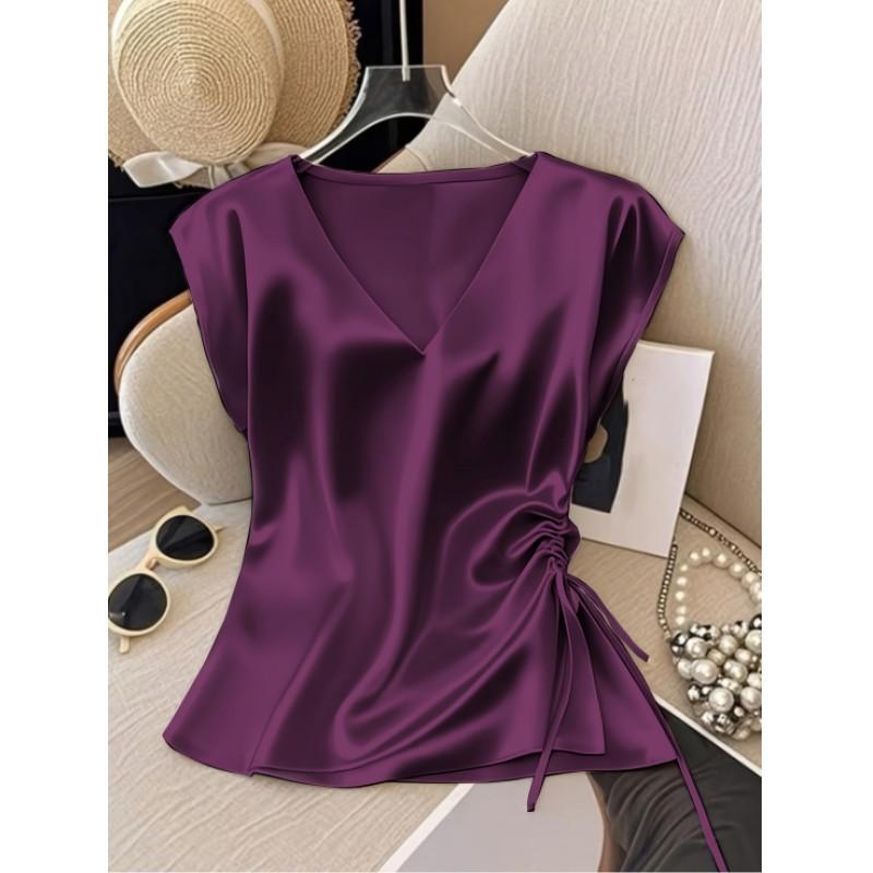 Leichtes Sommer-T-Shirt für Damen, V-Ausschnitt, Unifarben, Satin-Kurzarmhemd, Elegantes figurbetontes Oberteil