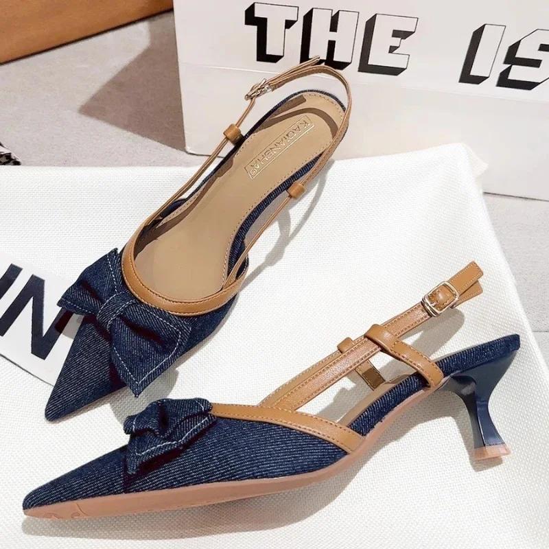 Fashion Pointed Heel Sandals Velvet Shoes Suit Female Beige 2025 Women's Suede Low Closed Denim Black Fashion Real Girls Stiletto Retro