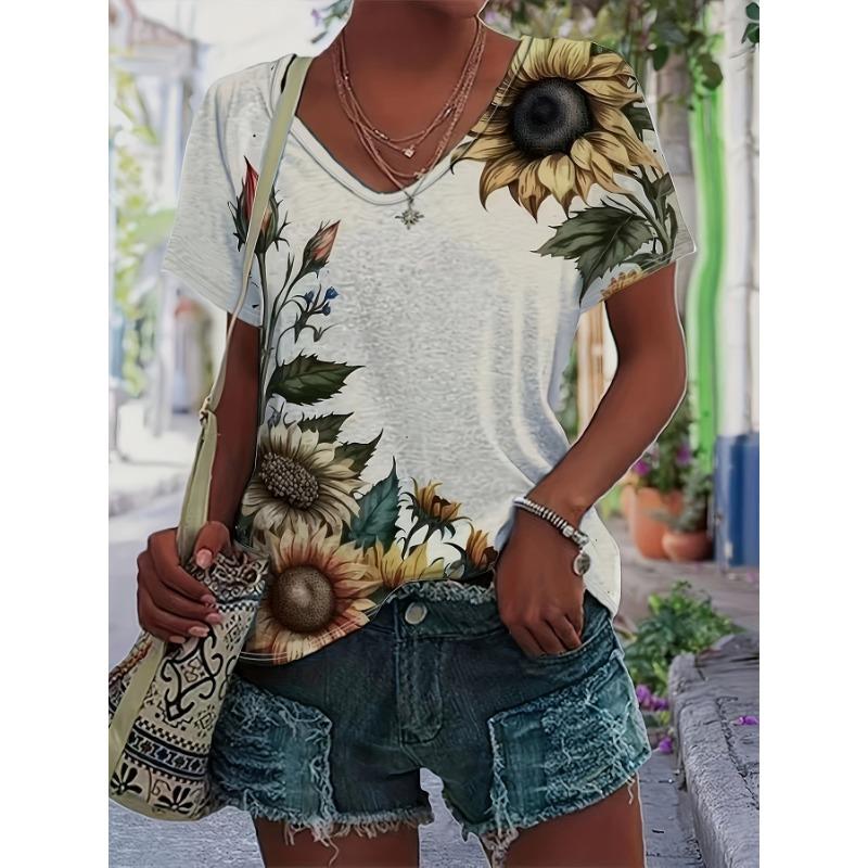 Women s Sunflower Print Casual V-Neck Summer Short Sleeve Plus Size T-Shirt S