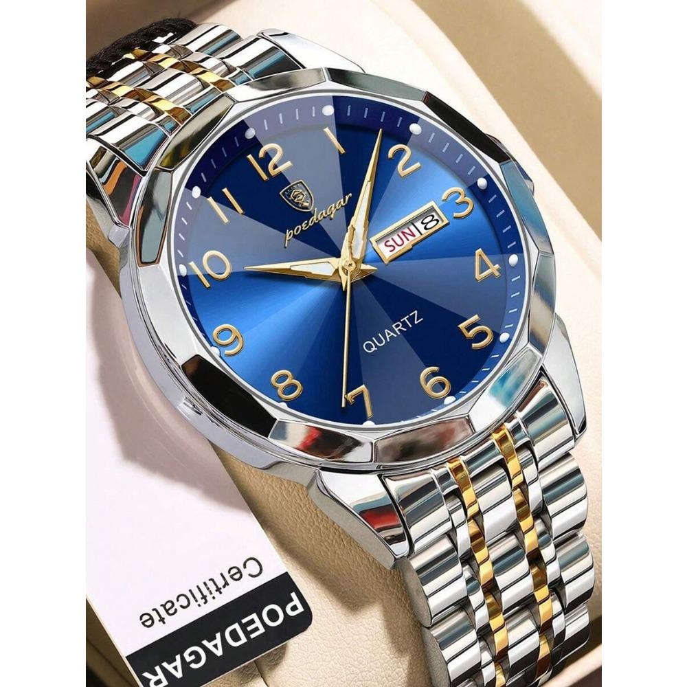 POEDAGAR 1pc Business Men's Stainless Steel Quartz Waterproof Luminous Watches, Dual Calendar Display, Men Gift
