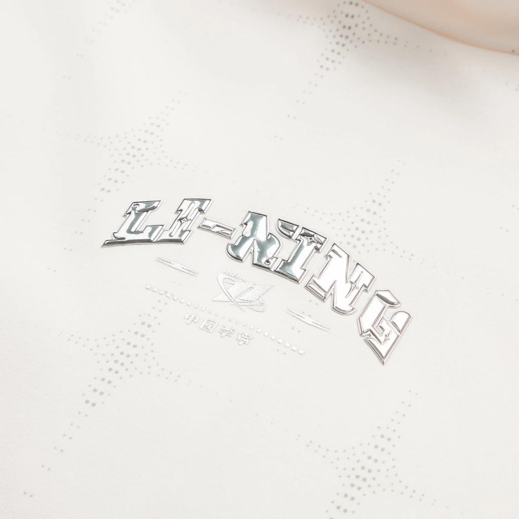 Li Ning Full Print Letter Stand Collar Pullover Tight Long Sleeve Drop Shoulder T-Shirt Women Tops Off-White AUDU022-1