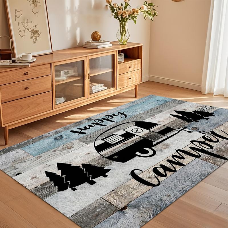 Happy Camper Theme Area Rug Non Slip Washable Stain Resistant Soft Foldable Carpet for Living Room Bedroom Entryway Cozy Decor