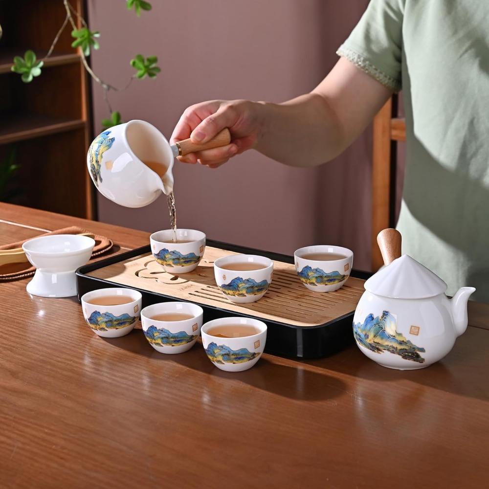 Chinese tea set, white jade tea set, Kung Fu tea set, Kung Fu tea set, 6 cups portable ceramic tea set large
