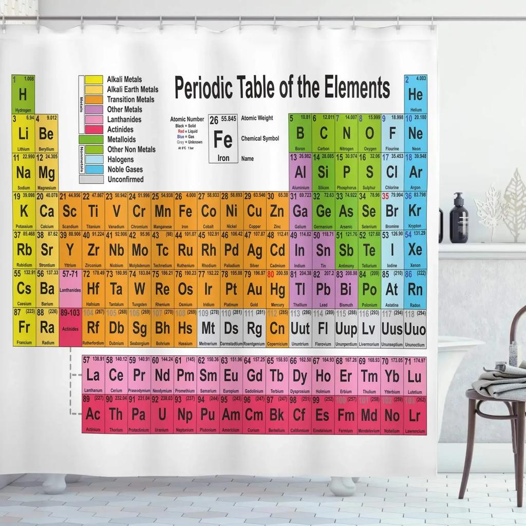 Hot New Periodic Table of Elements Shower Curtains Waterproof 3D Print White Fabric Bath Curtain for Bathroom Decor with Hooks