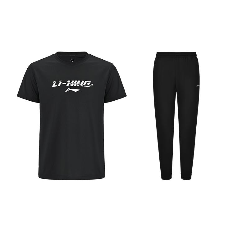 

Футболка с коротким рукавом, повседневная, однотонная, с логотипом Li Ning, легкая, быстросохнущая, охлаждающая, длинные брюки, спортивный костюм для отдыха, унисекс, ATSV605-1+AYKT127-3 L