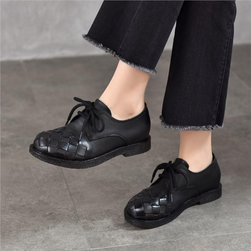 Johnature Vintage Genuine Leather Woven Low Heel Shoes Versatile Round Toe Lace Up Women's Shoes